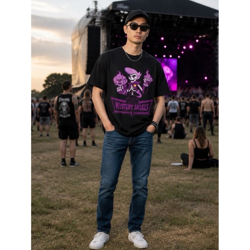 Mystery Skulls Purple Graphic Band Tee Black Cotton Shirt M Streetwear Music GUC - Picture 3 of 16